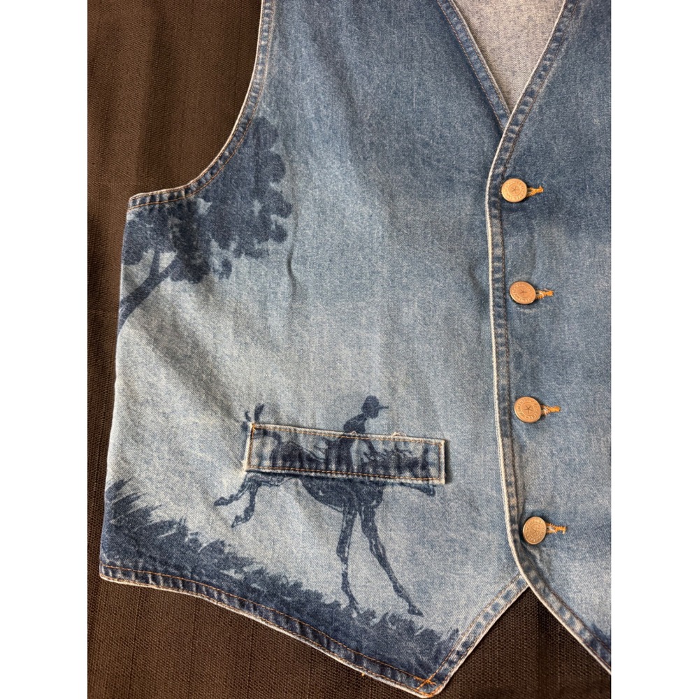 Vintage Vivaldi Jeanswear Denim Vest Women Large Fox Hunt Equestrian Light Wash - Picture 3 of 7